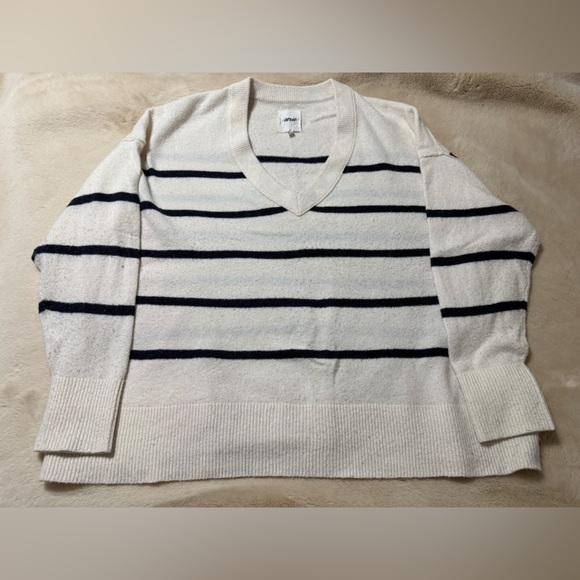 aerie Sweaters - Aerie Oversized V-Neck Sweater - Cream and Navy Blue Stripes